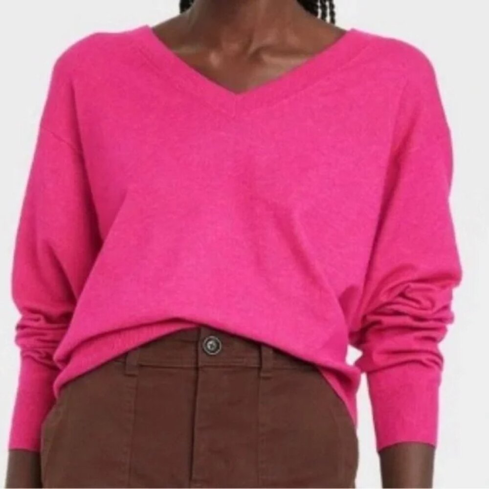 A New Day | NWTs Women’s Gauge V-Neck Raspberry Pink Sweater Sz L